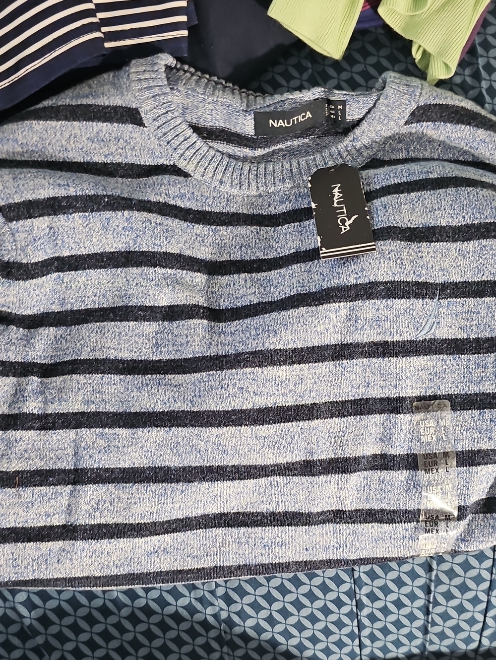 Nautica Light Blue and Navy Striped Crewneck Sweater
